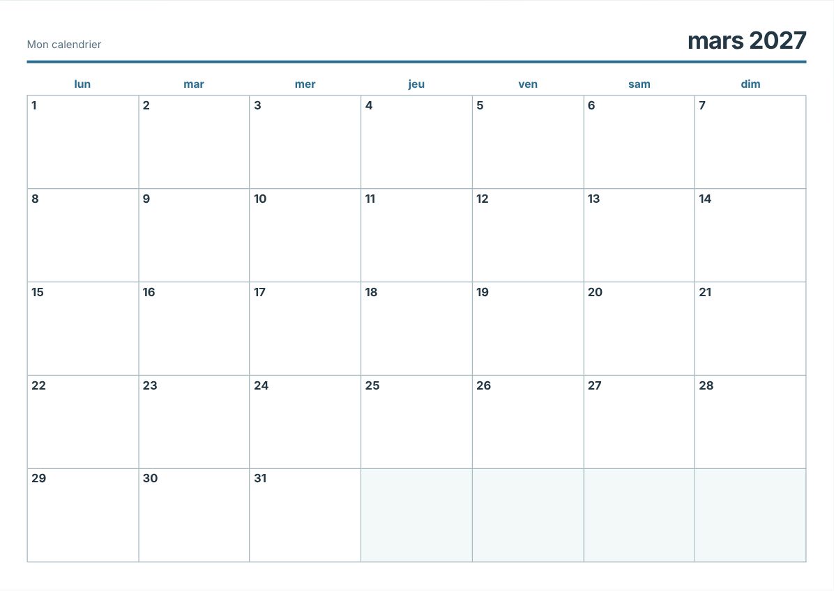 Calendrier imprimable mars 2027 (aperçu avant impression)