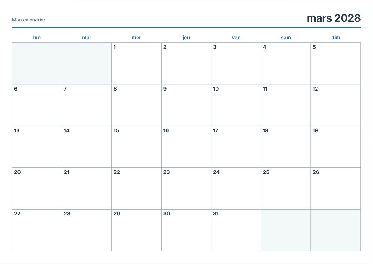 Calendrier imprimable mars 2028 (aperçu avant impression)