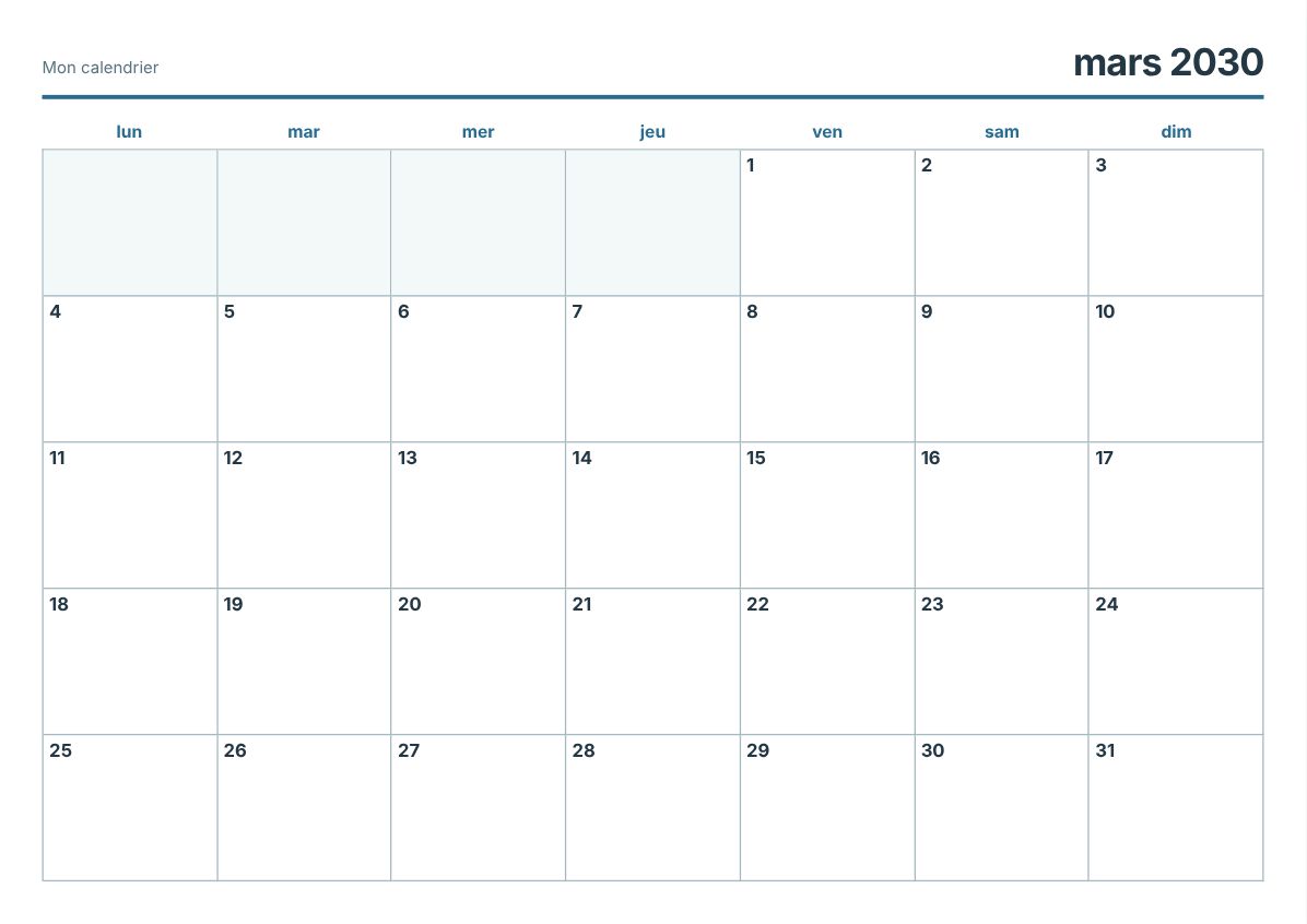 Calendrier imprimable mars 2030 (aperçu avant impression)
