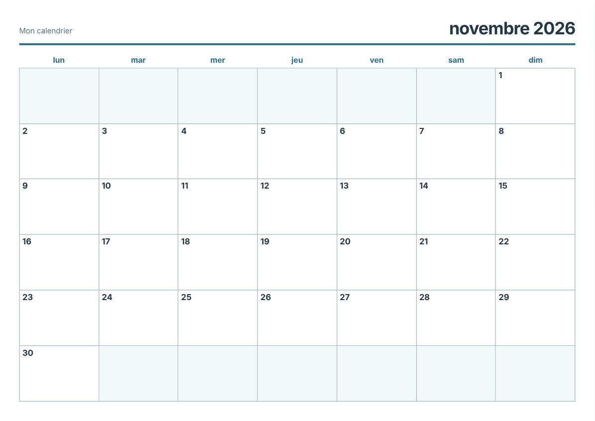Calendrier imprimable novembre 2026 (aperçu avant impression)