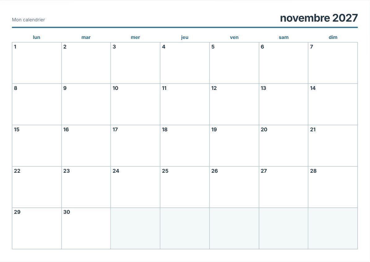 Calendrier imprimable novembre 2027 (aperçu avant impression)