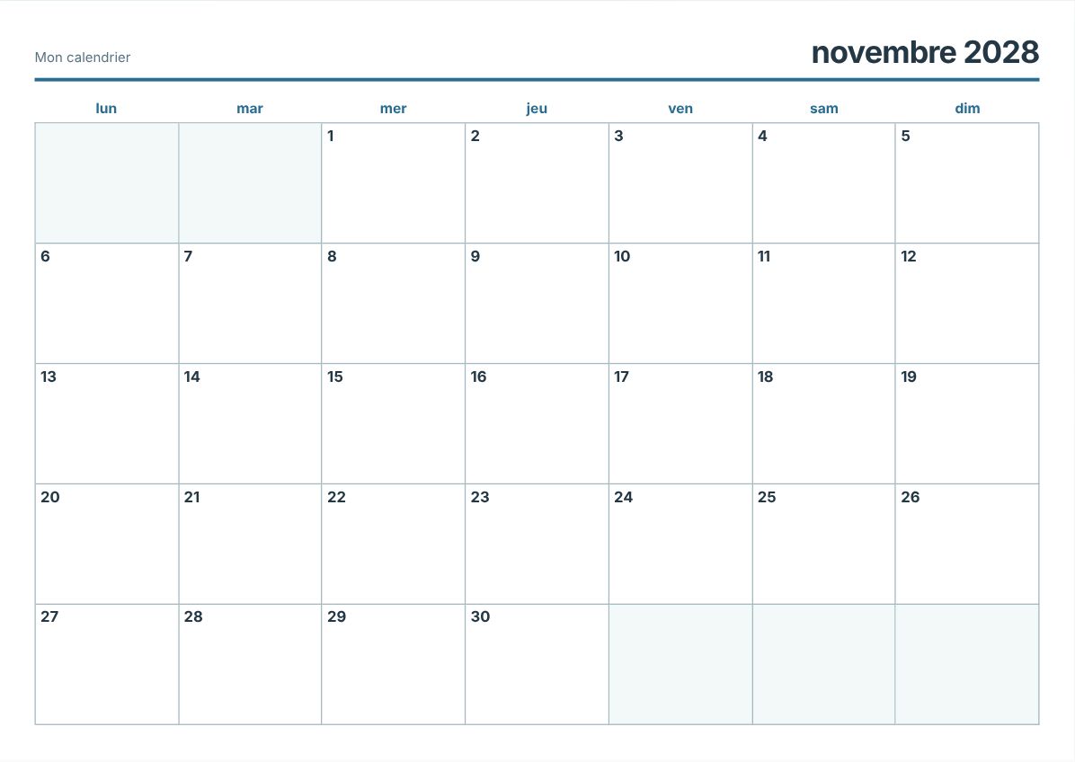 Calendrier imprimable novembre 2028 (aperçu avant impression)