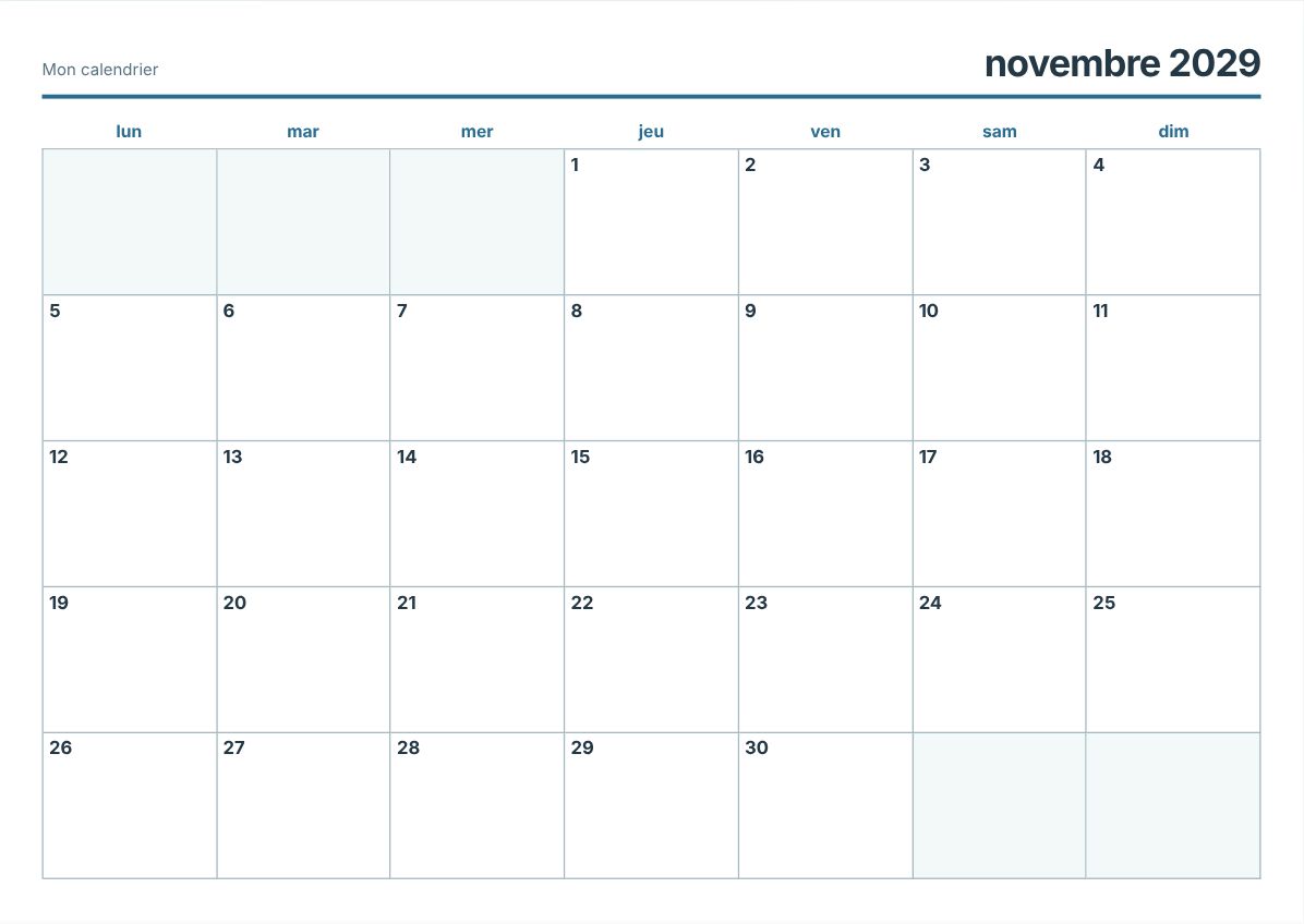 Calendrier imprimable novembre 2029 (aperçu avant impression)