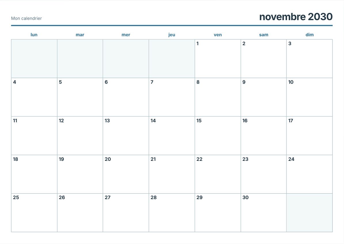 Calendrier imprimable novembre 2030 (aperçu avant impression)