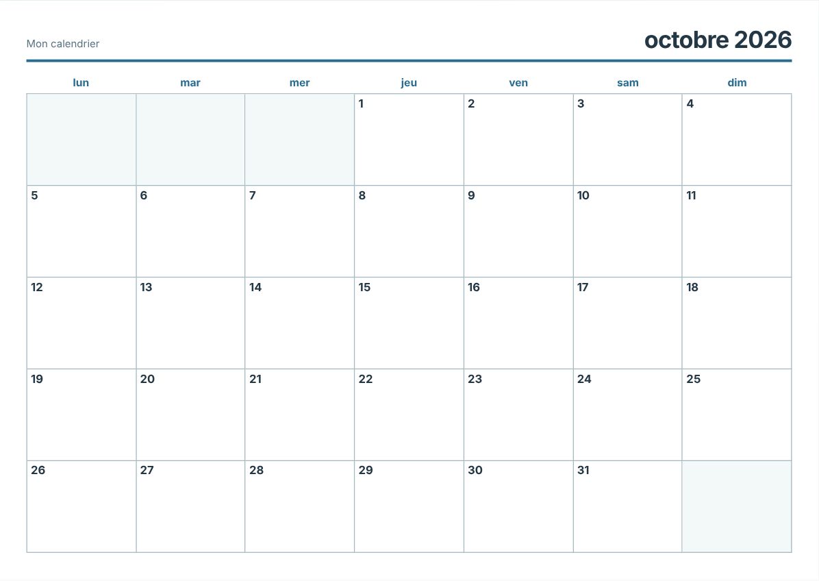 Calendrier imprimable octobre 2026 (aperçu avant impression)