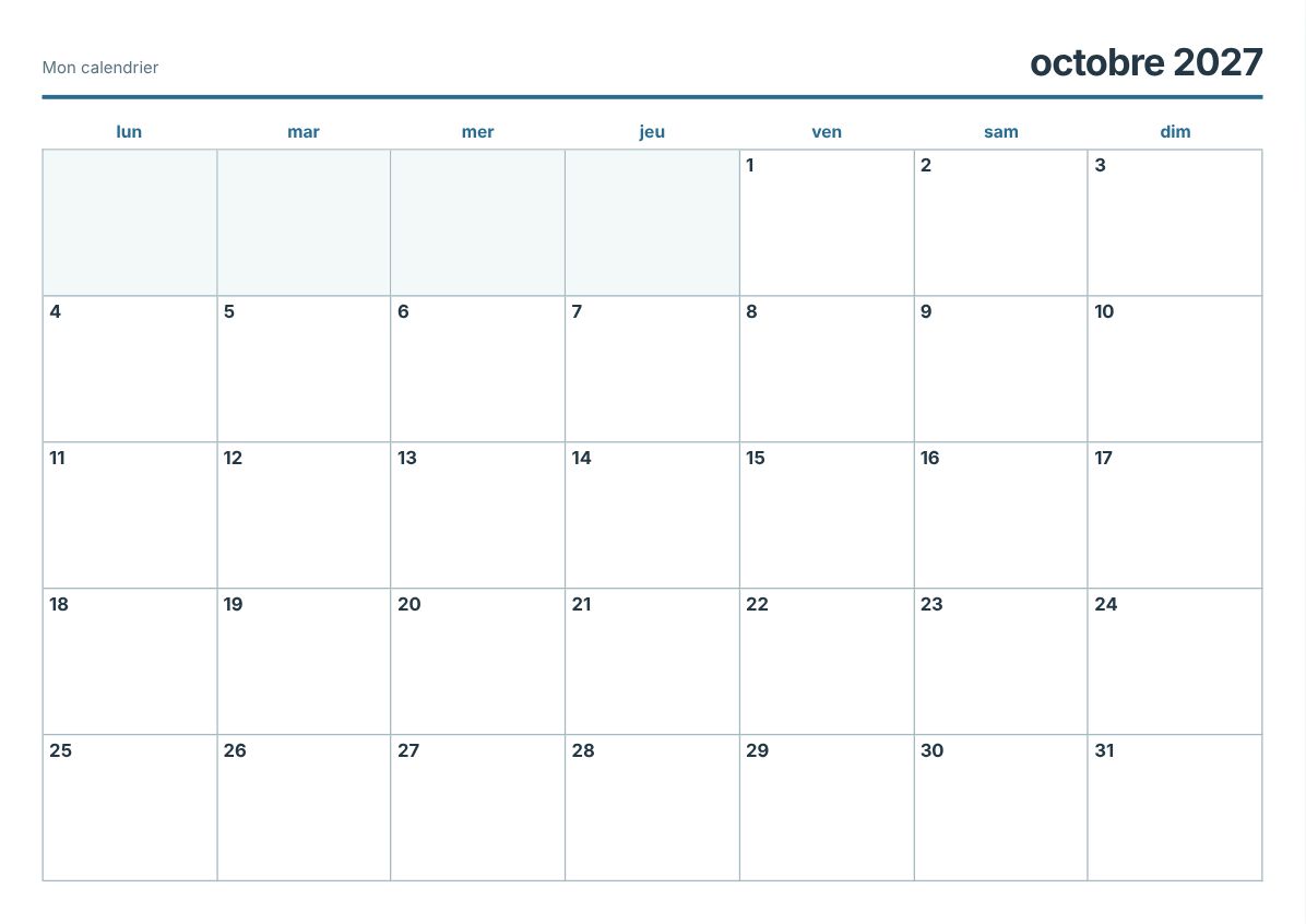 Calendrier imprimable octobre 2027 (aperçu avant impression)