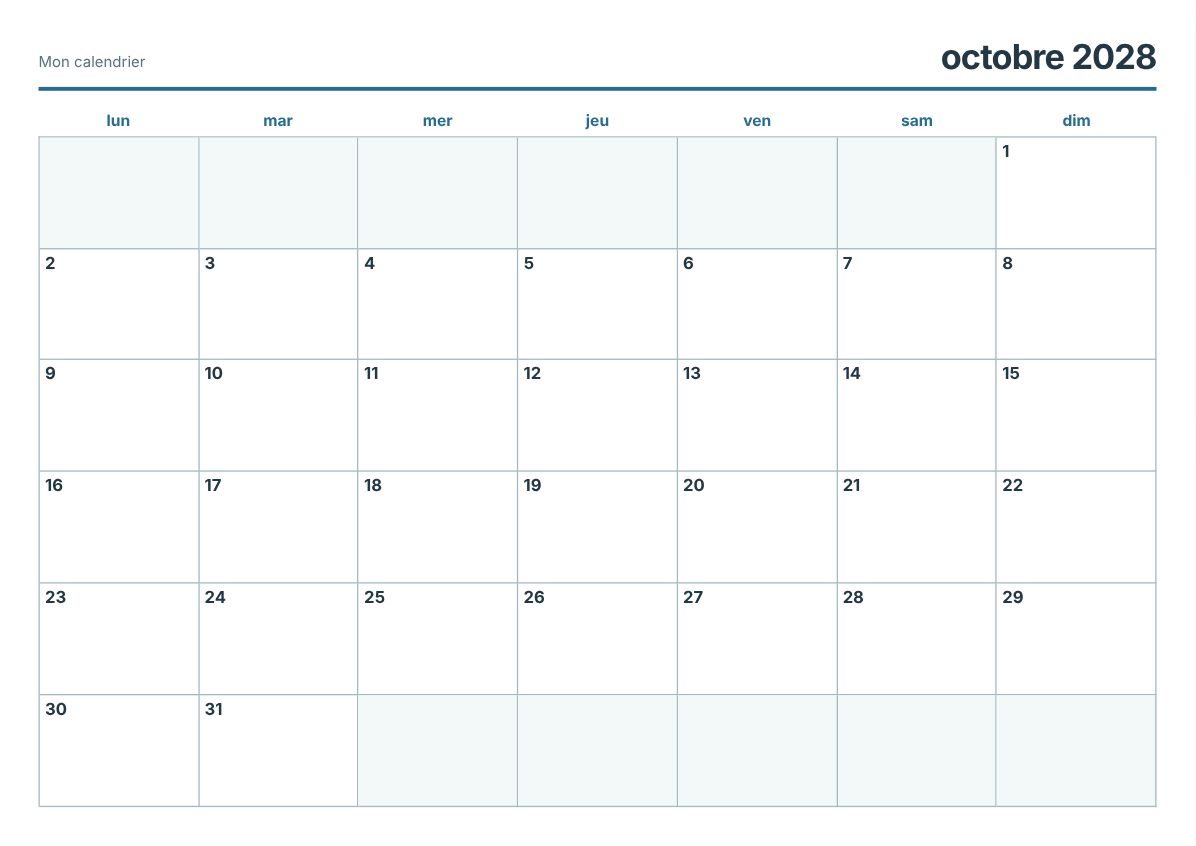 Calendrier imprimable octobre 2028 (aperçu avant impression)