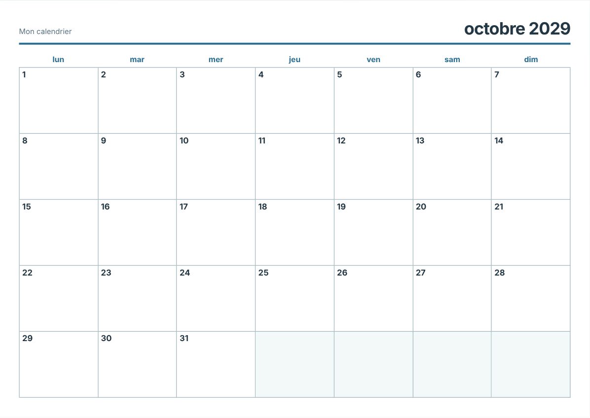 Calendrier imprimable octobre 2029 (aperçu avant impression)