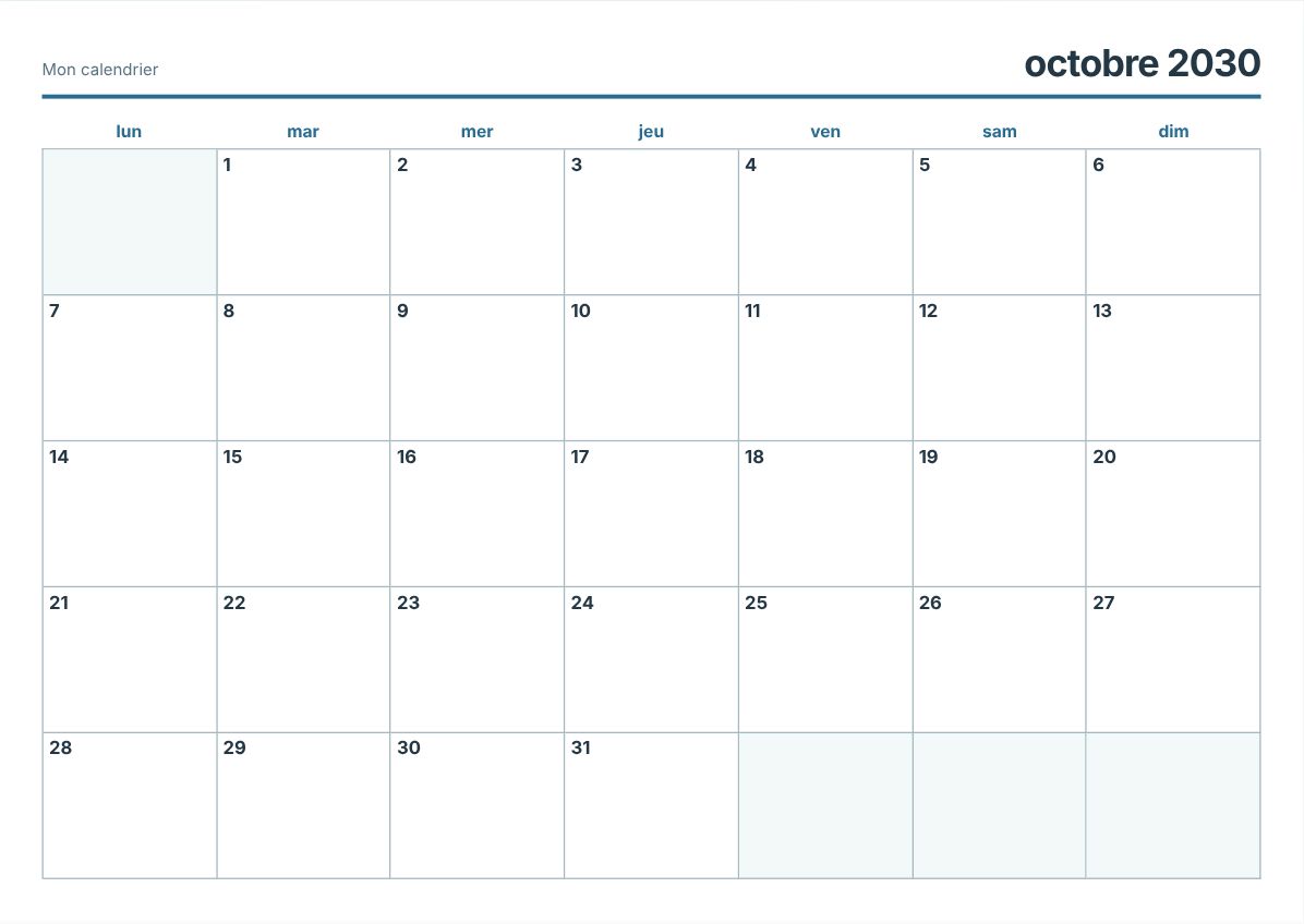 Calendrier imprimable octobre 2030 (aperçu avant impression)