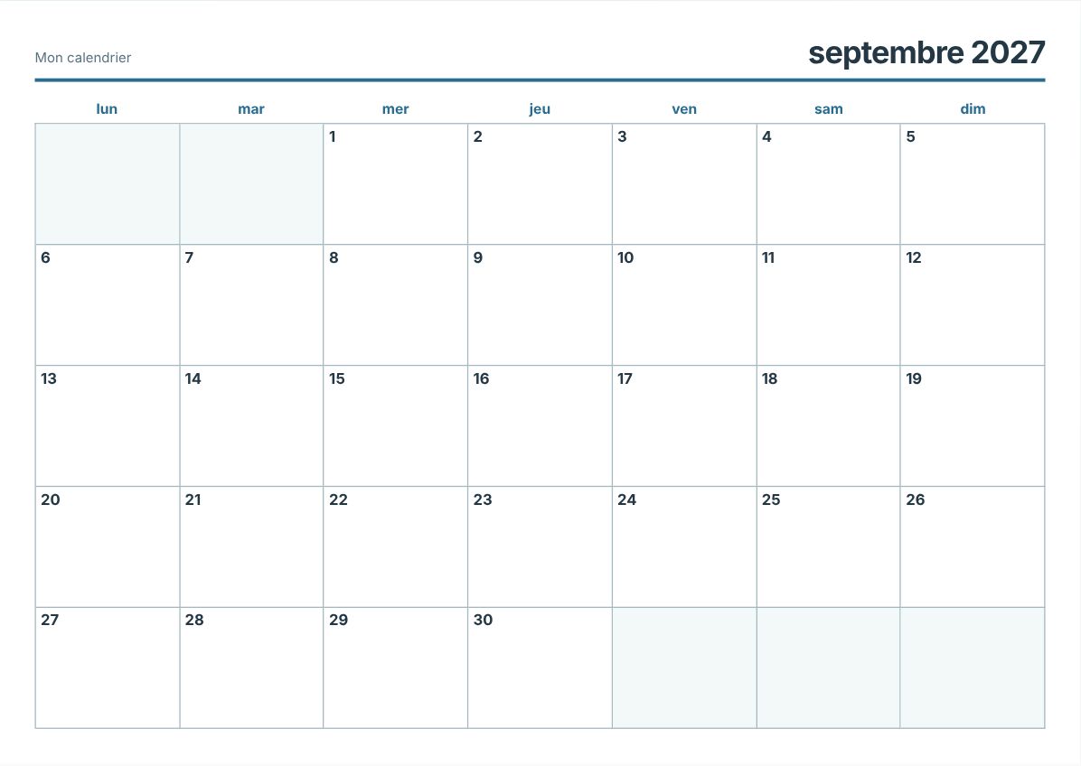 Calendrier imprimable septembre 2027 (aperçu avant impression)