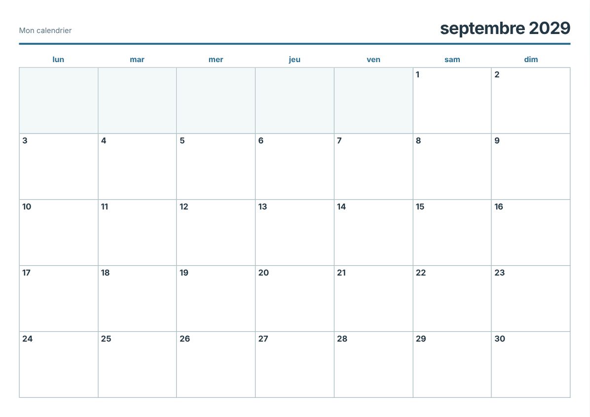 Calendrier imprimable septembre 2029 (aperçu avant impression)