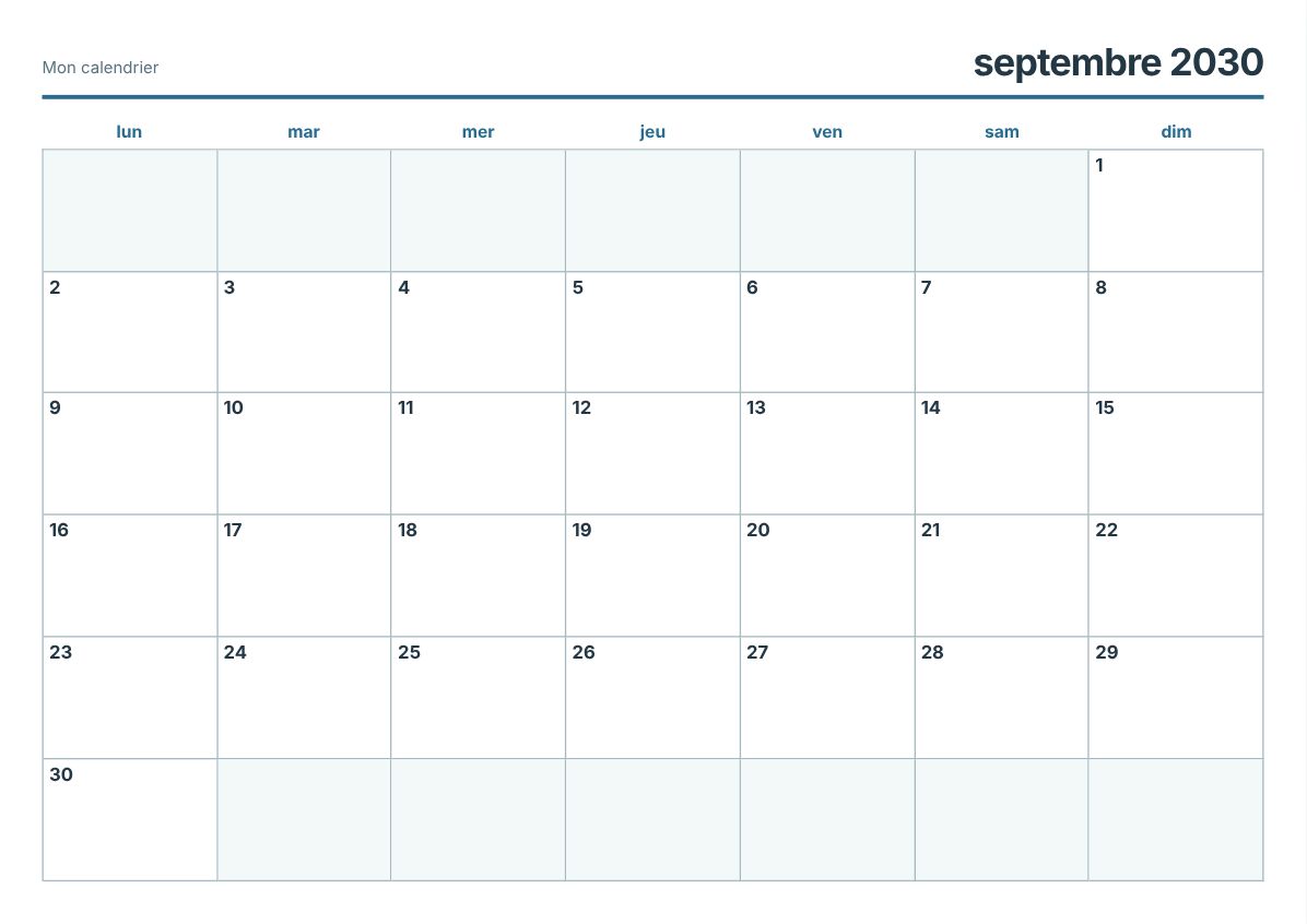 Calendrier imprimable septembre 2030 (aperçu avant impression)