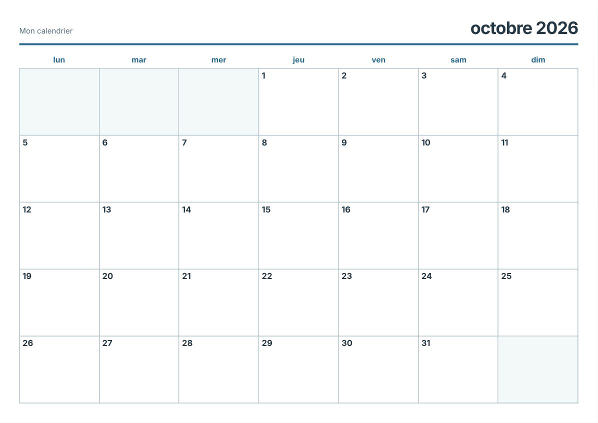 Calendrier mensuel imprimable gratuit (aperçu avant impression)