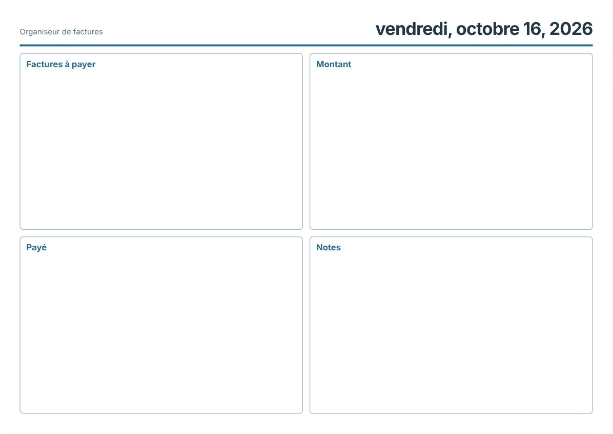 Organiseur de Factures Imprimable Gratuit (aperçu avant impression)